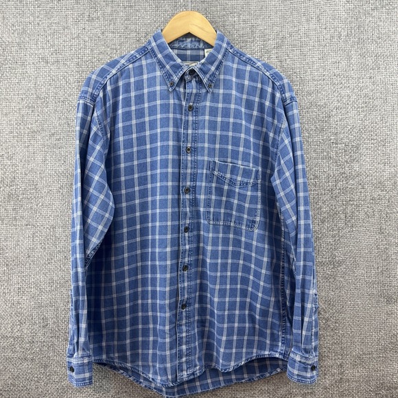 Men's LLBean Size Med Blue White Plaid Heavy Twill Button Down Long Sleeve Shirt - Picture 2 of 14